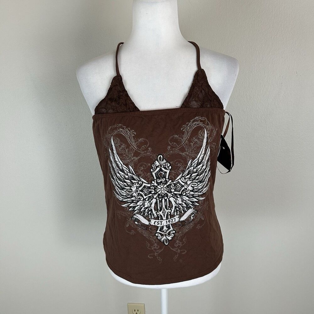 y2k Women's XL Chocolate Brown Lace Trim Cross Graphic Halter Camisole Top